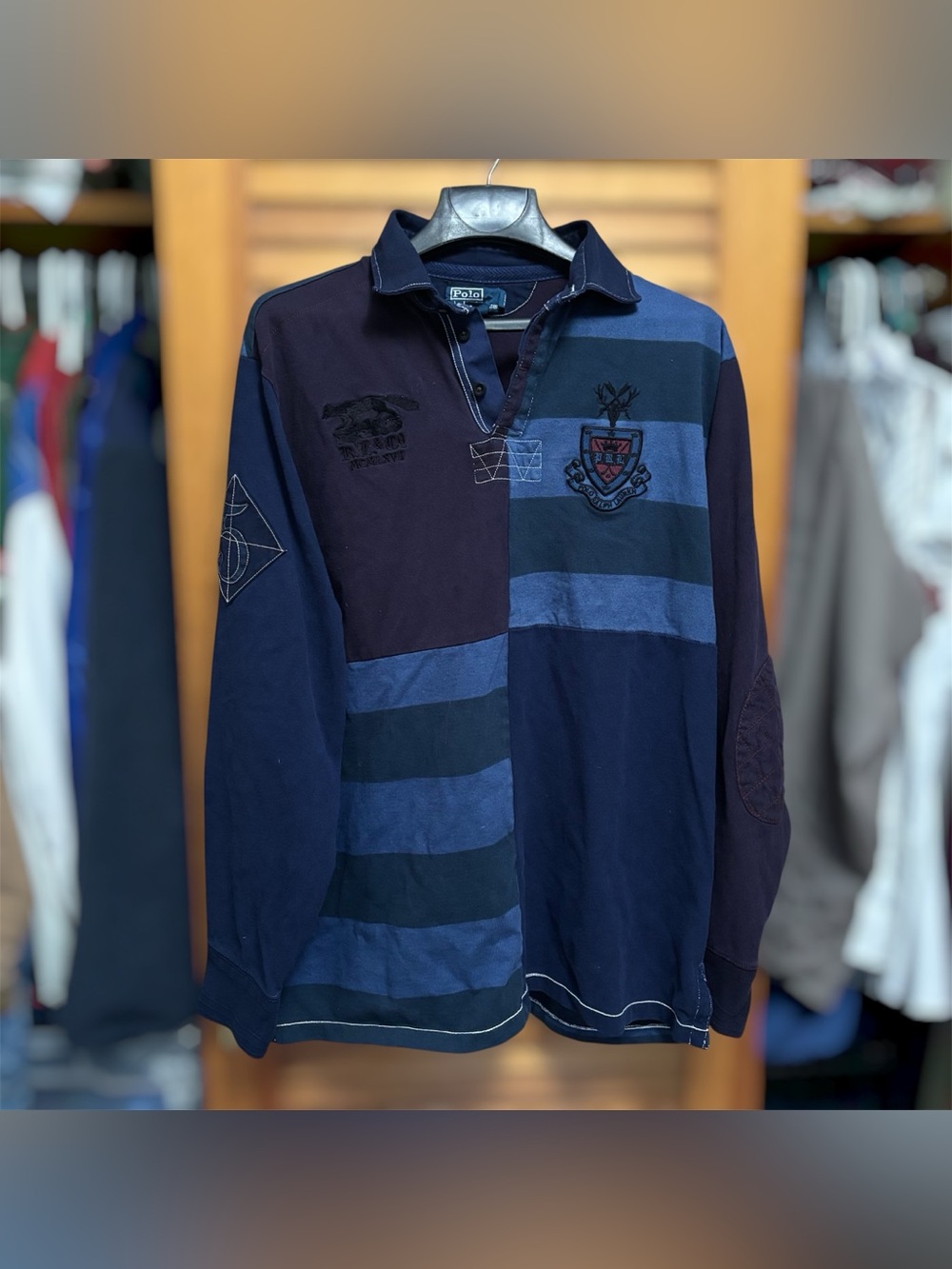 Vintage 90s Polo Ralph Lauren Patchwork Striped Rugby Shirt Crest Embroidered XL